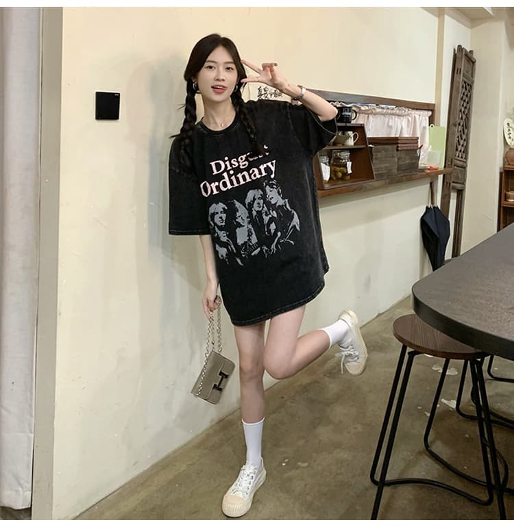 아메리칸 티셔츠 여성 여름 작은 대중 디자인 센스 마 오래된 프린트 상세 이미지 20