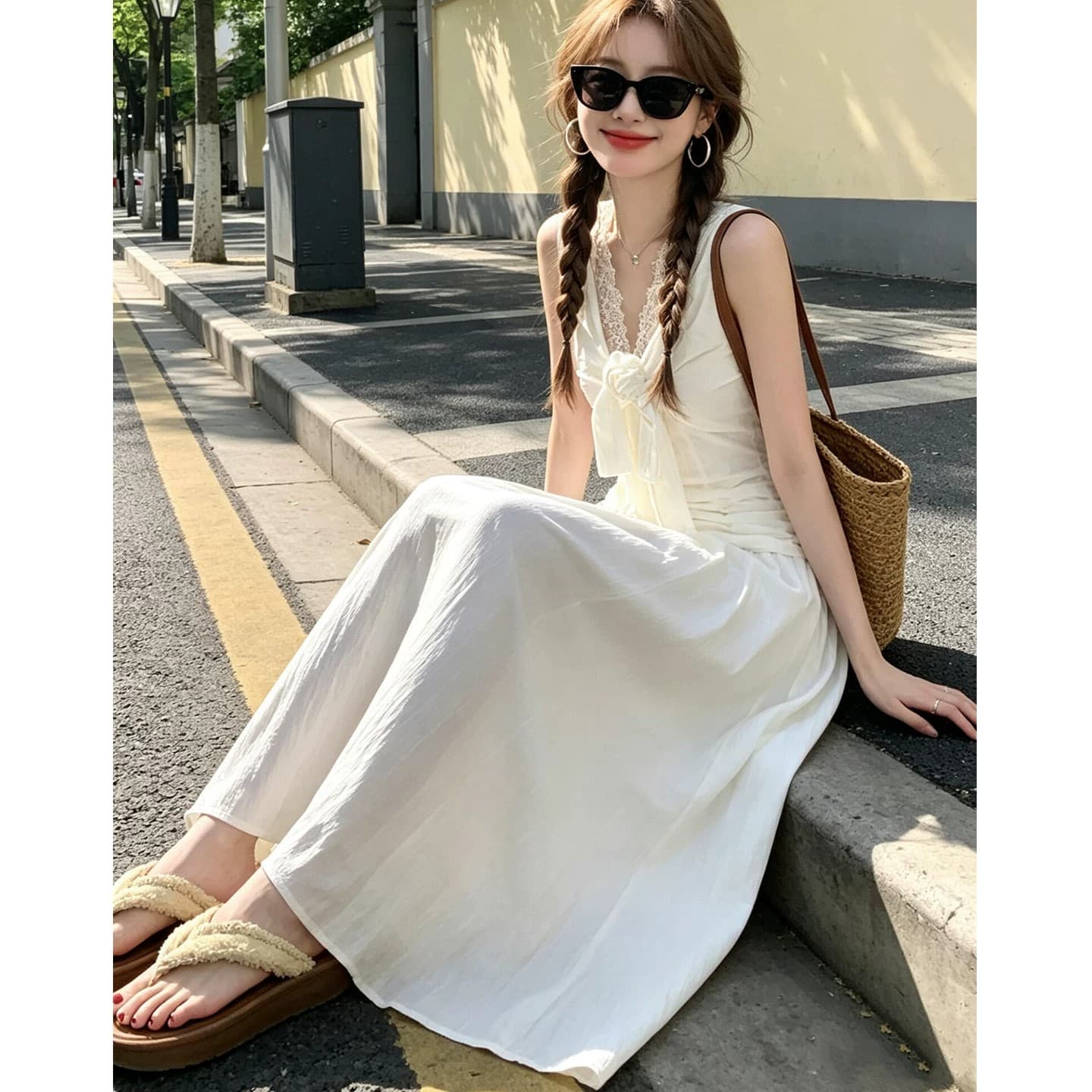 민소매 화이트 나비 매듭 롱 스커트 여성 드레스 2026 새로운 자이언트 잘 생긴 이른 봄 아름다운 아름다운 프랑스식 허리 수축