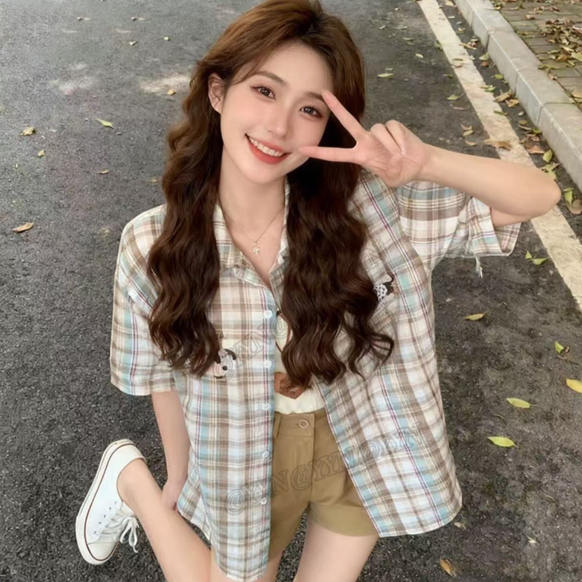 아메리칸 재미있는 강아지 수건 자수 체크무늬 반팔 여성 셔츠 여름 루즈핏 캐주얼 셔츠 고유 한 맨위 이미지 5