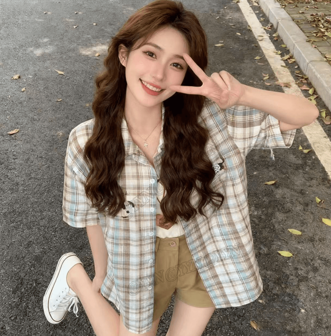 아메리칸 재미있는 강아지 수건 자수 체크무늬 반팔 여성 셔츠 여름 루즈핏 캐주얼 셔츠 고유 한 맨위 상세 이미지 7