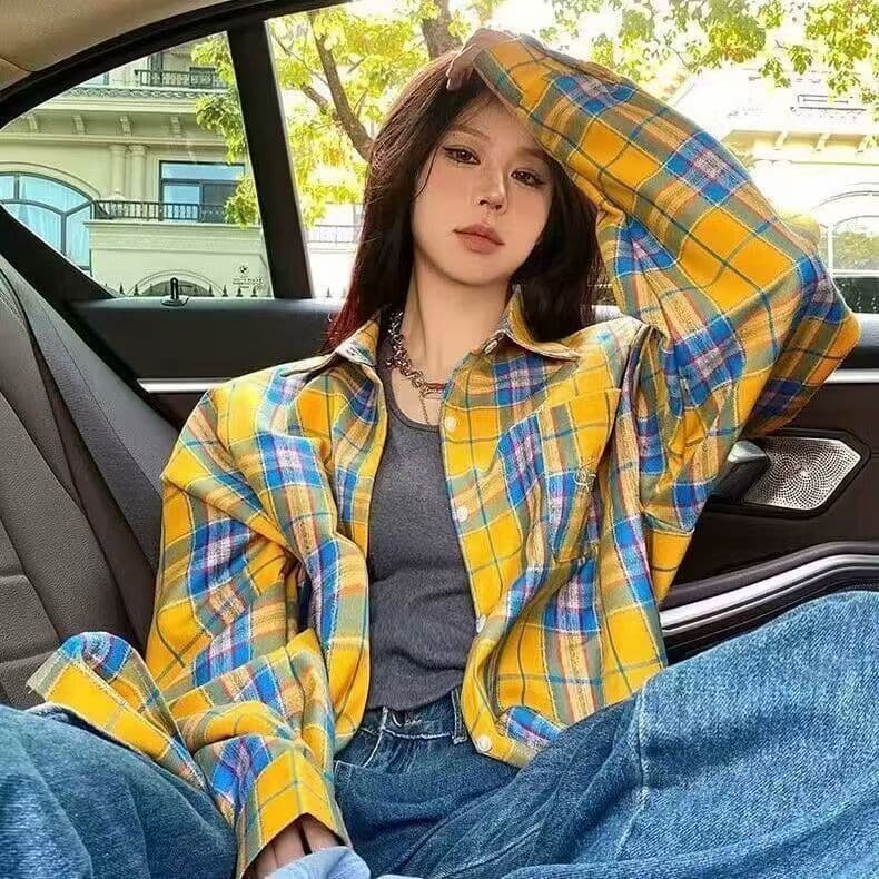 봄 가을 새로운 레트로 chic 황색 격자 무늬 셔츠 여성 코트 oversize 루즈핏 도루 가을 센스 느긋한 바람 셔츠