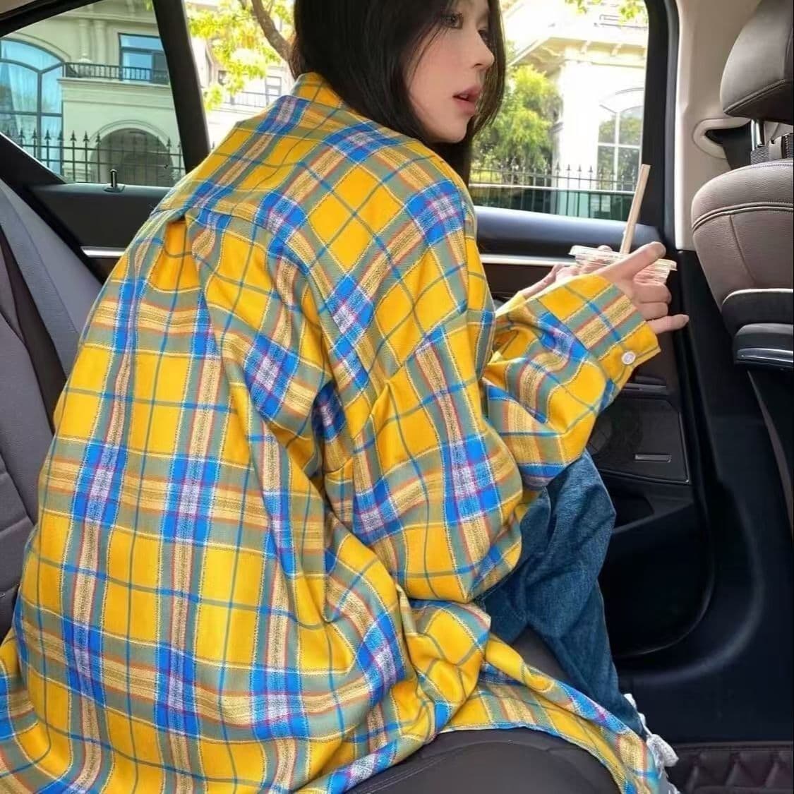 봄 가을 새로운 레트로 chic 황색 격자 무늬 셔츠 여성 코트 oversize 루즈핏 도루 가을 센스 느긋한 바람 셔츠 이미지 2