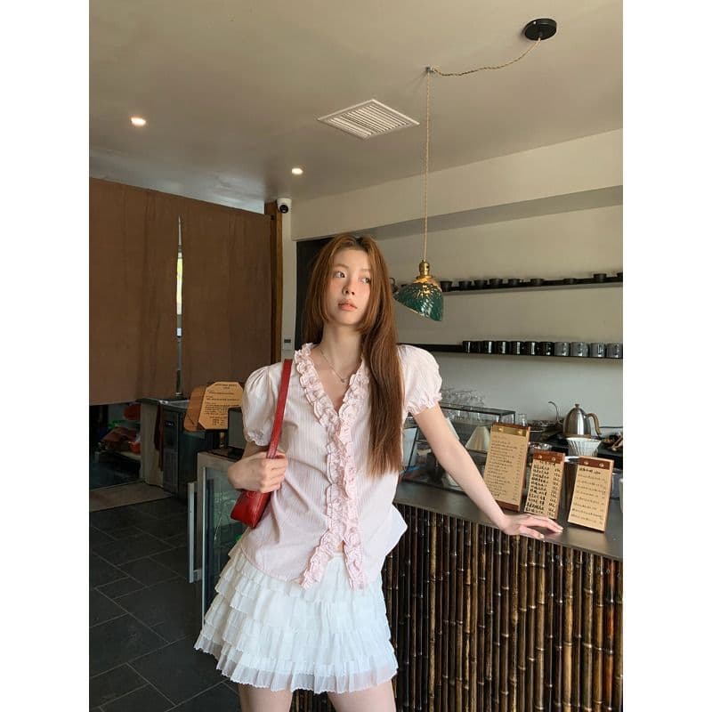 파란색 프릴 스트라이프 거품 소매 여성 셔츠 여름 V넥 꼬집기 허리 반팔 맨위 이미지 3