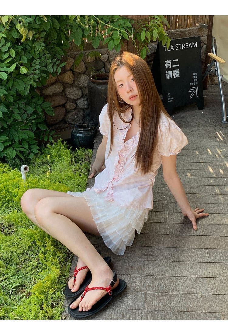 파란색 프릴 스트라이프 거품 소매 여성 셔츠 여름 V넥 꼬집기 허리 반팔 맨위 상세 이미지 5