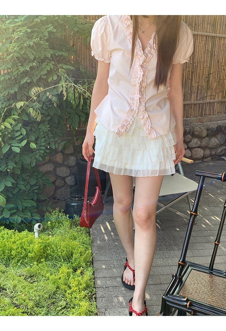 파란색 프릴 스트라이프 거품 소매 여성 셔츠 여름 V넥 꼬집기 허리 반팔 맨위 상세 이미지 7
