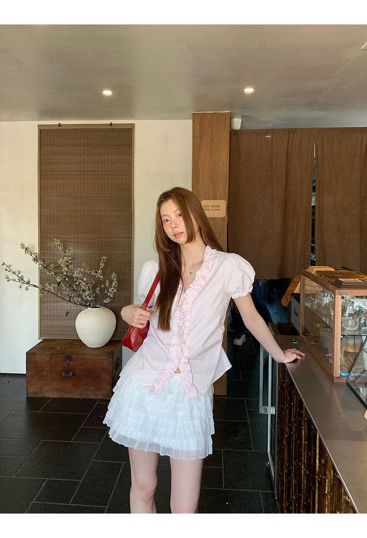 파란색 프릴 스트라이프 거품 소매 여성 셔츠 여름 V넥 꼬집기 허리 반팔 맨위 상세 이미지 11