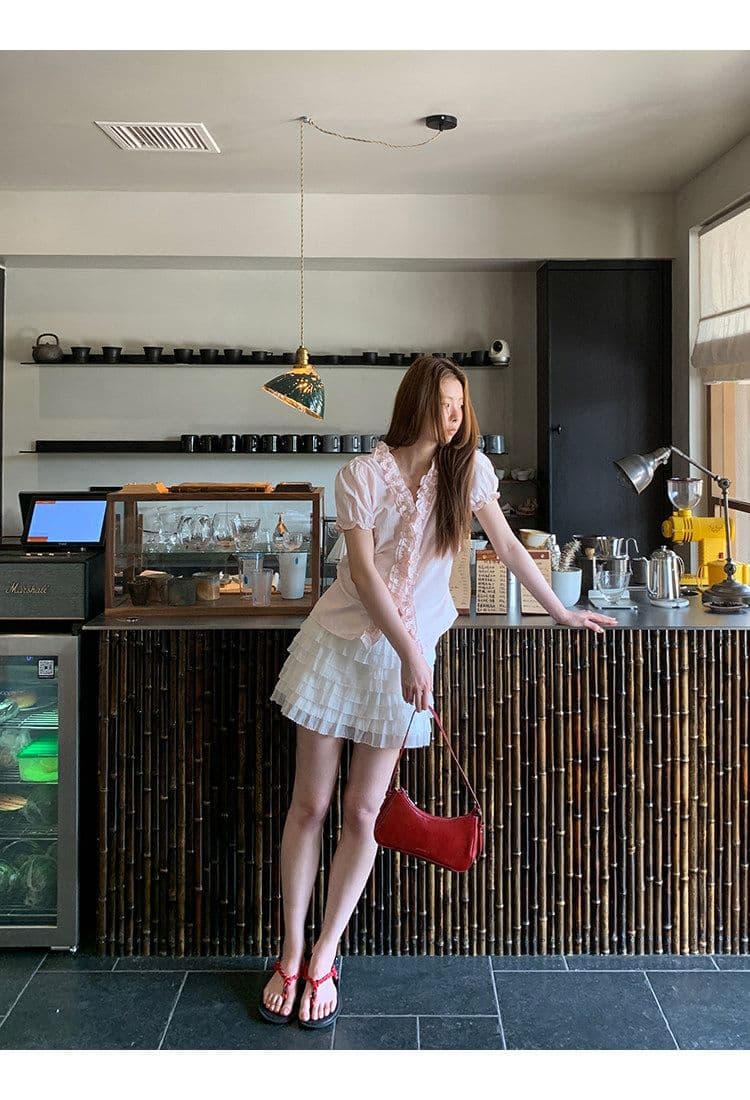 파란색 프릴 스트라이프 거품 소매 여성 셔츠 여름 V넥 꼬집기 허리 반팔 맨위 상세 이미지 12