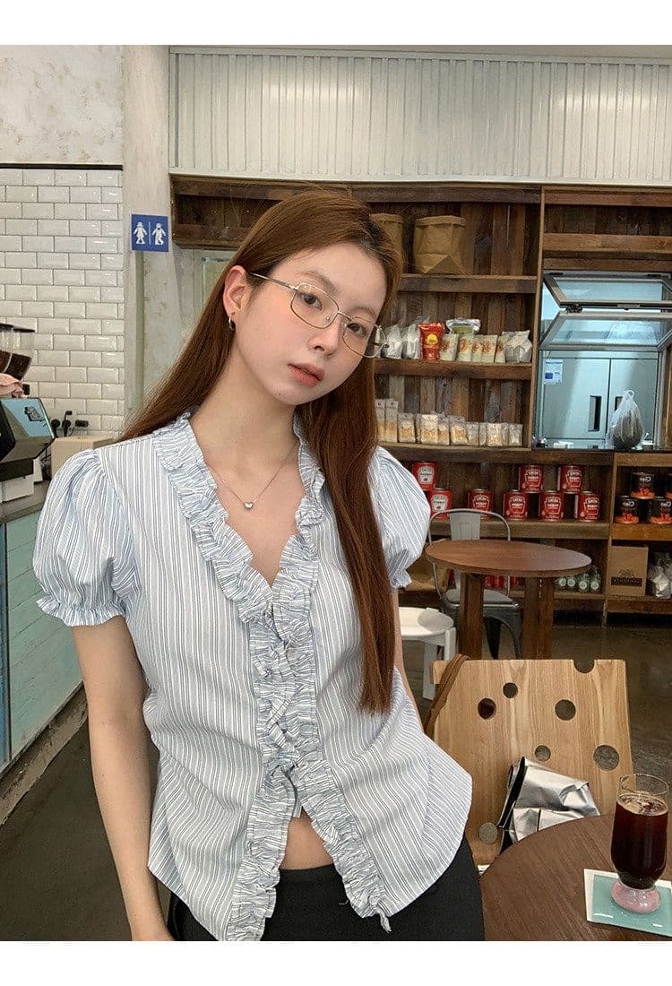 파란색 프릴 스트라이프 거품 소매 여성 셔츠 여름 V넥 꼬집기 허리 반팔 맨위 상세 이미지 21