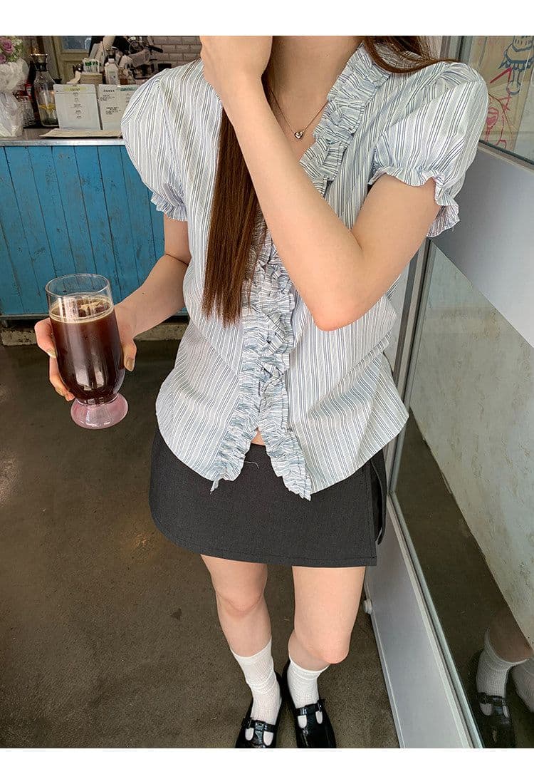 파란색 프릴 스트라이프 거품 소매 여성 셔츠 여름 V넥 꼬집기 허리 반팔 맨위 상세 이미지 22