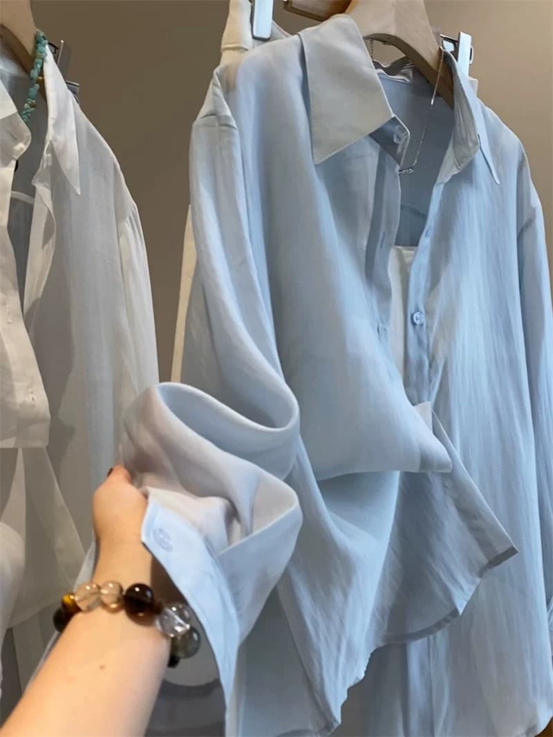 봄 여름 섹션 고급 느슨함 센스 폴로 칼라 얇은 스타일 셔츠 셔츠 상세 이미지 4
