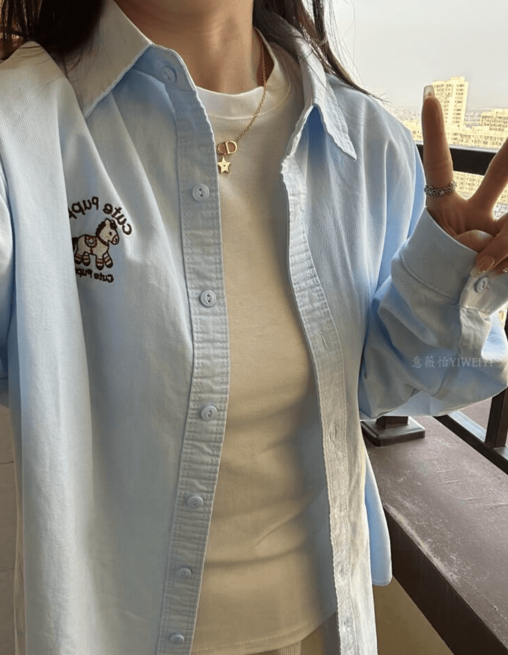 작은 말 만화 자수 순면 여성 셔츠 2026 봄 새로운 느긋한 바람 루즈핏 긴팔 폴로 칼라 맨위 이미지 3