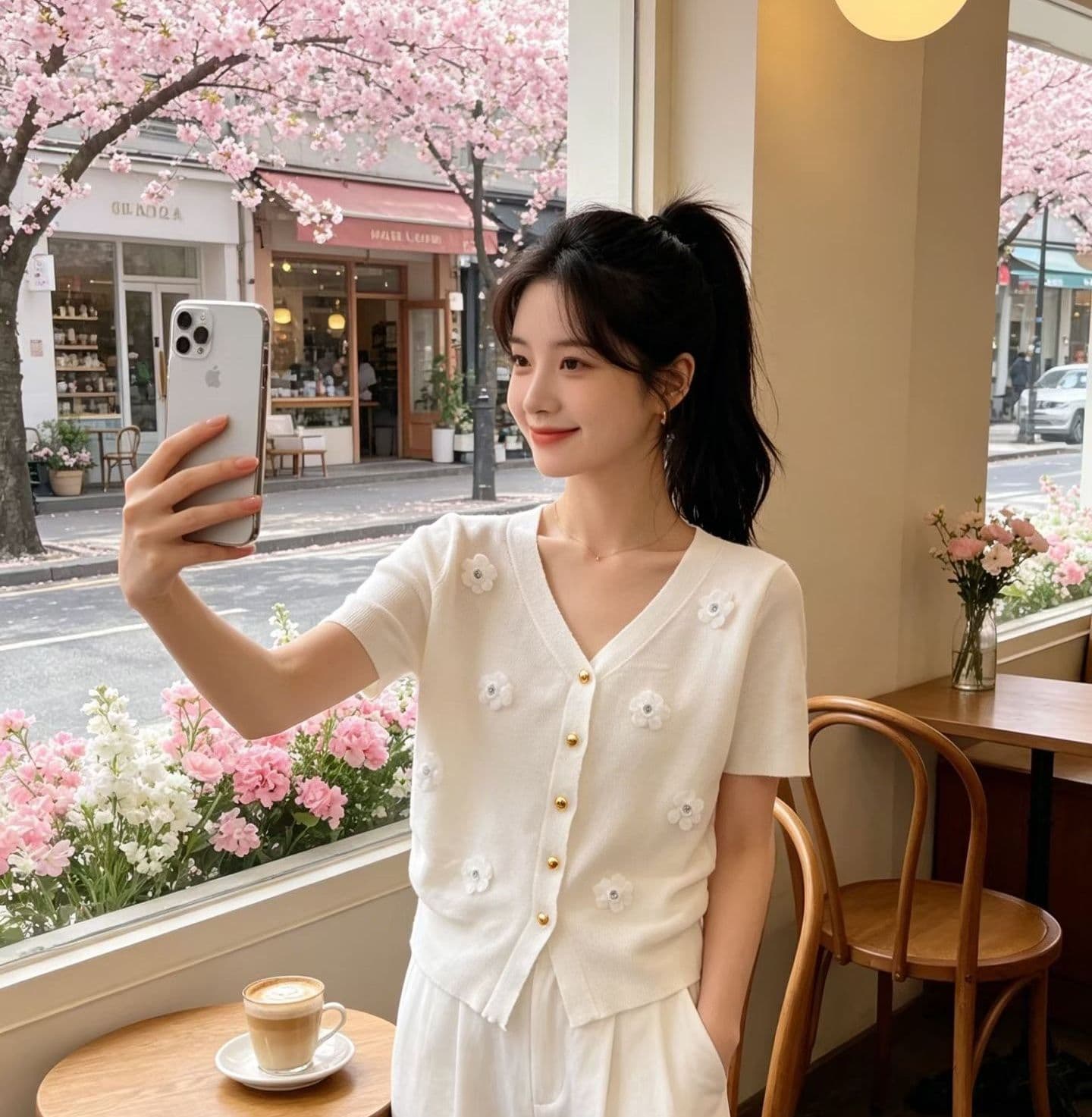 2026 년 여름 새로운 디자인 센스 작은 샤넬 스타일 V넥 3 차원 꽃 비즈 주름 허리 수축 오픈 가디건 반팔 상세 이미지 5