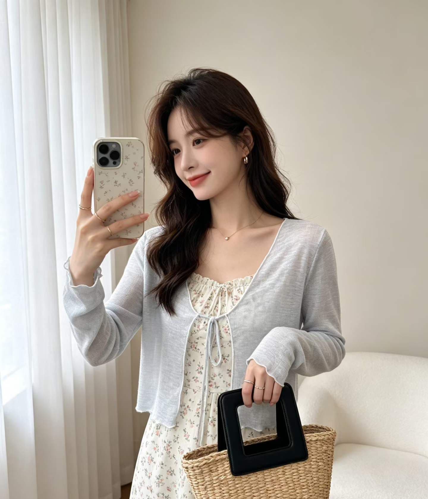 2026 년 여름 새로운 디자인 센스 달콤함 연령 감소 V넥 프릴 레이스업 마이크로 ~을 통해 니트 자외선 차단 의류 상세 이미지 4