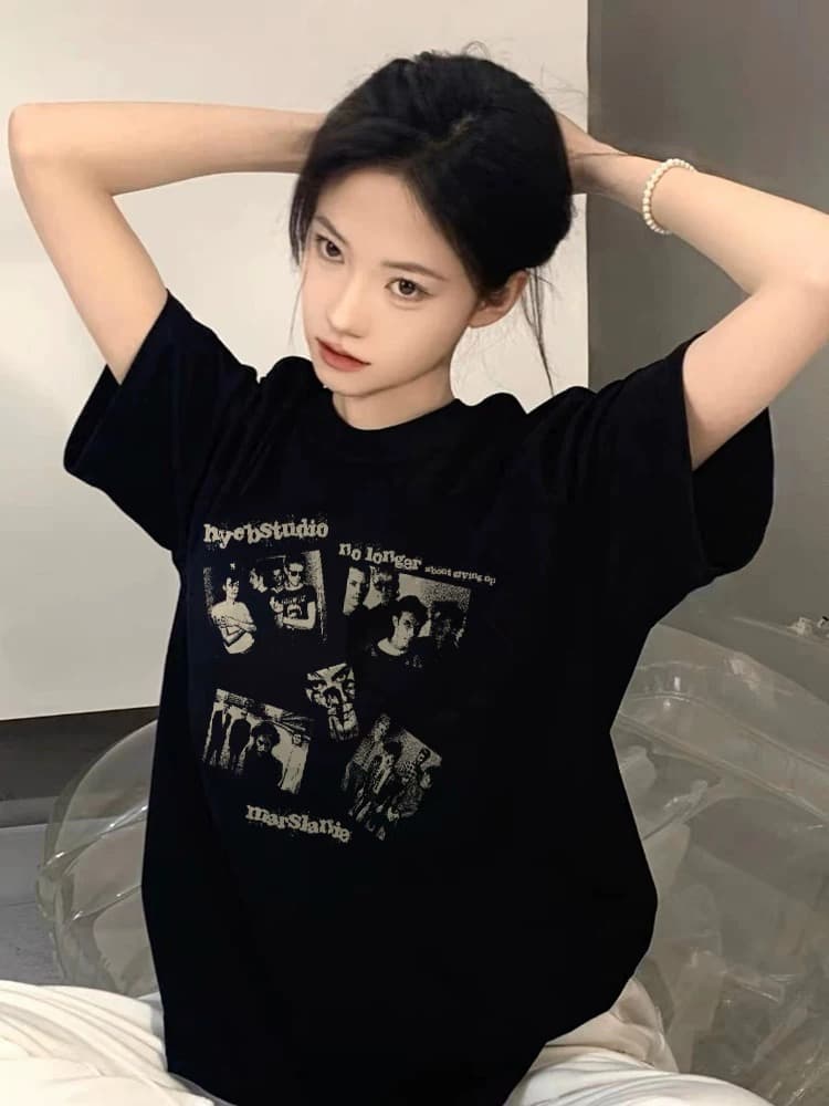 경관 그림 21 순면 210 그램 면 여름 드레스 한 부서 반팔 티셔츠 여성 한국 스타일 루즈핏 빅 사이즈 프린트 상세 이미지 2