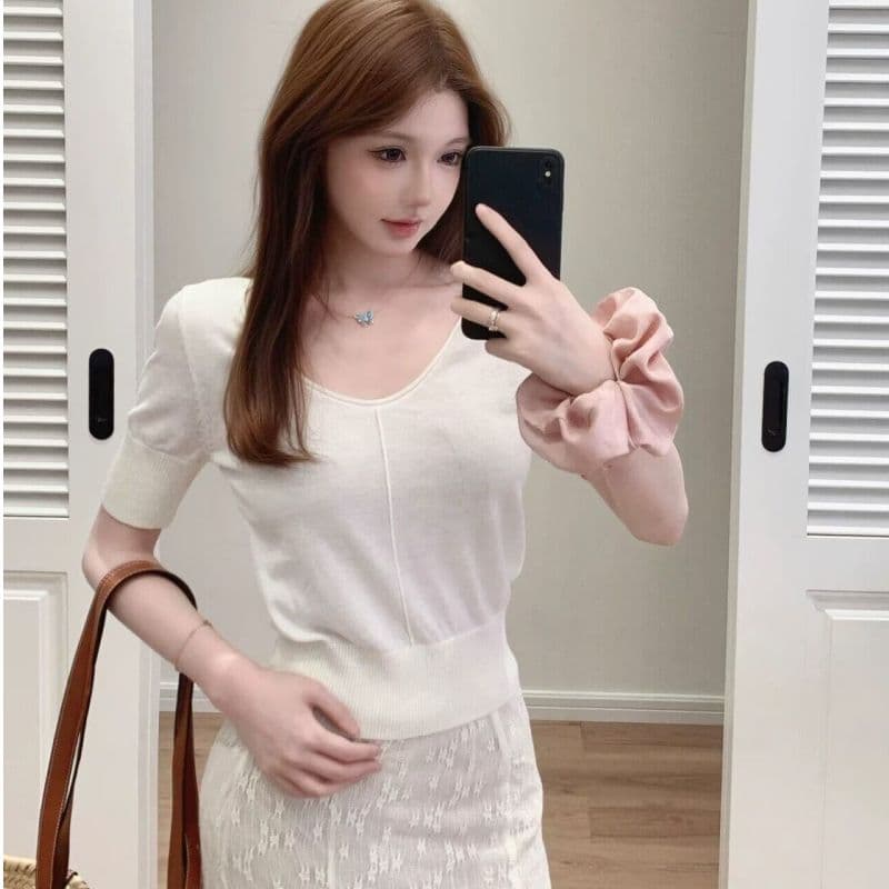 프랑스식 작은 셔츠 여름 오래된 돈 느슨함 니트 작은 반팔 여성 프랑스식 느긋한 단색 다용도 u 칼라 반팔 셔츠