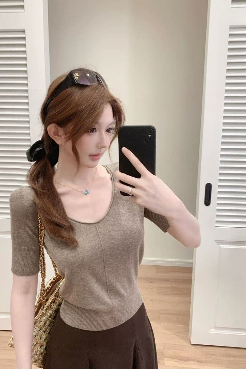 프랑스식 작은 셔츠 여름 오래된 돈 느슨함 니트 작은 반팔 여성 프랑스식 느긋한 단색 다용도 u 칼라 반팔 셔츠 이미지 2