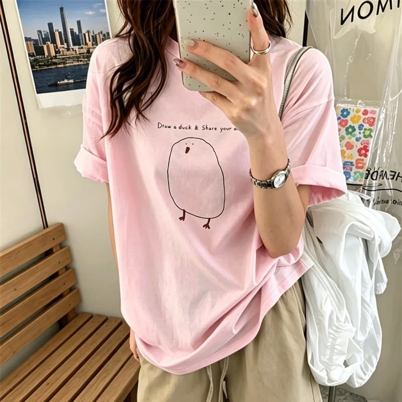 21 순면 210 그램 이후 패키지 칼라 여름 드레스 한 부서 반팔 티셔츠 여성 한국 스타일 루즈핏 빅 사이즈 프린트