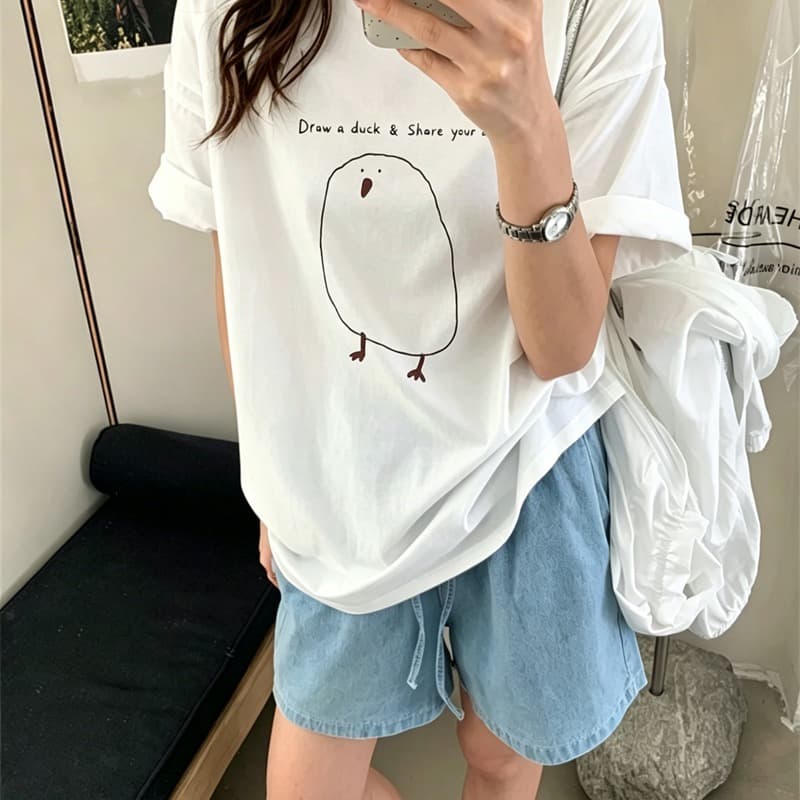 21 순면 210 그램 이후 패키지 칼라 여름 드레스 한 부서 반팔 티셔츠 여성 한국 스타일 루즈핏 빅 사이즈 프린트 이미지 5