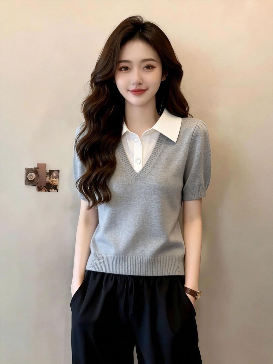 느긋한 작은 대중 폴로 칼라 얼음 실크 니트 스웨터 여성 여름 새로운 품격 빛 요리 한 페이크 레이어드 부드러운 찹쌀 몸매 가꾸기 맨위 여성 상세 이미지 6