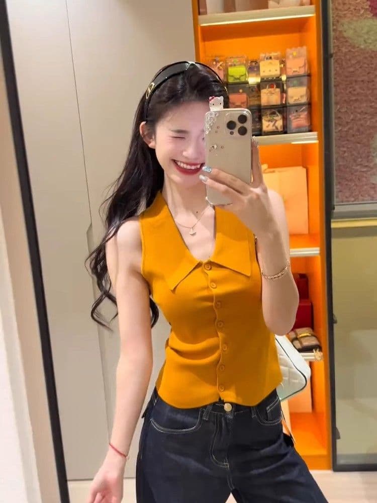 레트로 주황색 POLO 칼라 민소매 니트 티셔츠 여성 여름 몸매 가꾸기 슬림해 보이는 쇼트 스타일 품격 폴로 칼라 조끼 상세 이미지 1
