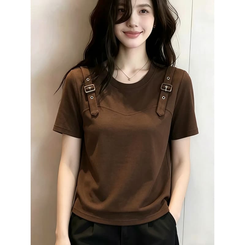 와 사고 방식 210g 빅 사이즈 여름 고유 한 Chic 레트로 반팔 티셔츠 여성 디자인 다용도 맨위 상세 이미지 3