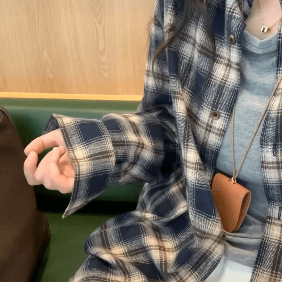 연삭 털 해군 체크무늬 한 부서 재킷 긴팔 셔츠 새로운 레트로 셔츠 느긋한 루즈핏 맨위 캐주얼 상세 이미지 11