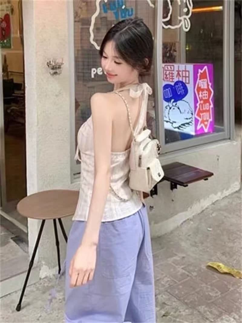레이스업 V넥 민소매 행침 목 조끼 여성 순수한 욕망 주름 고급 센스 슬립 맨위