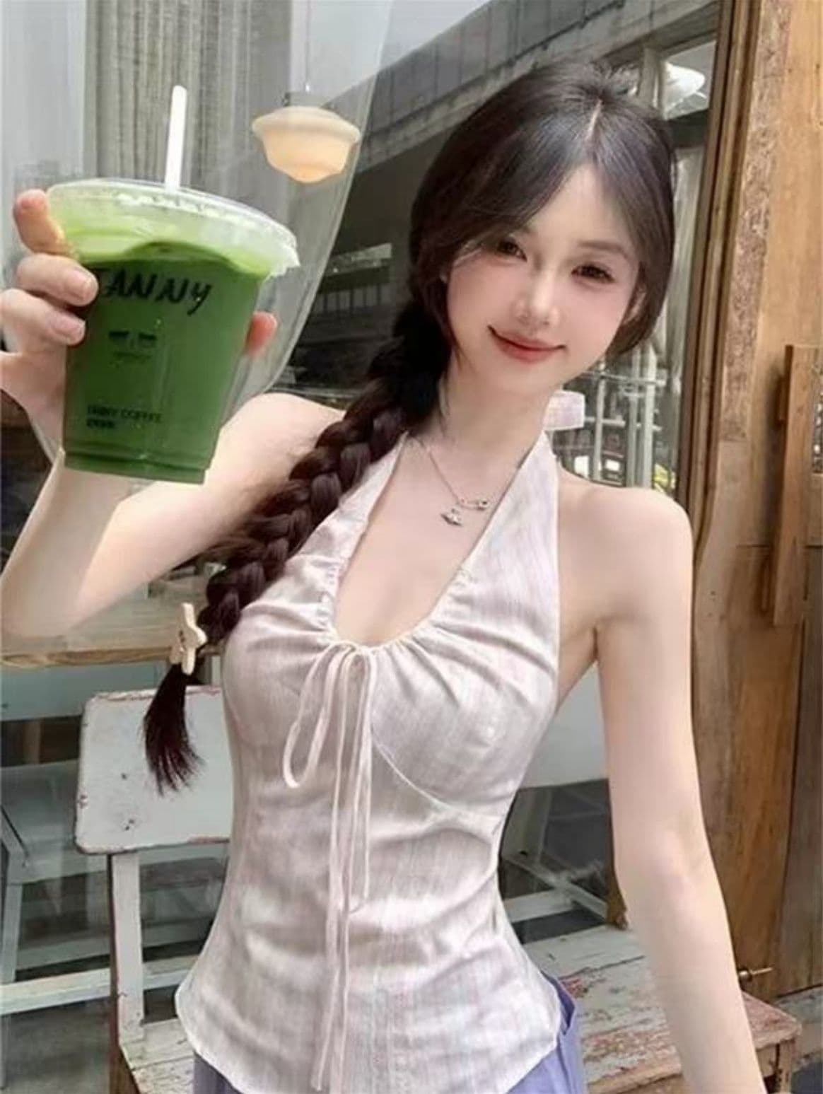 레이스업 V넥 민소매 행침 목 조끼 여성 순수한 욕망 주름 고급 센스 슬립 맨위 이미지 3