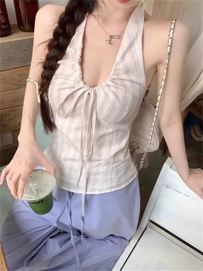 레이스업 V넥 민소매 행침 목 조끼 여성 순수한 욕망 주름 고급 센스 슬립 맨위 이미지 2