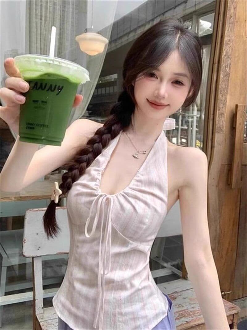레이스업 V넥 민소매 행침 목 조끼 여성 순수한 욕망 주름 고급 센스 슬립 맨위 상세 이미지 1
