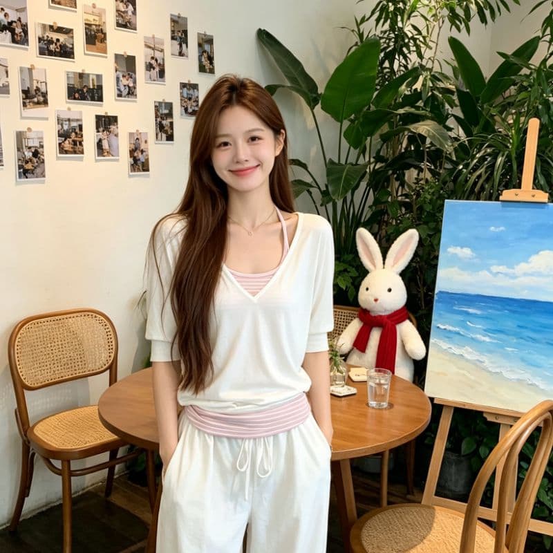 사람들 면 260 그램 화이트 V넥 티셔츠 여름 루즈핏 캐주얼 블라우스 중간 소매 맨위 투피스 세트 이미지 5