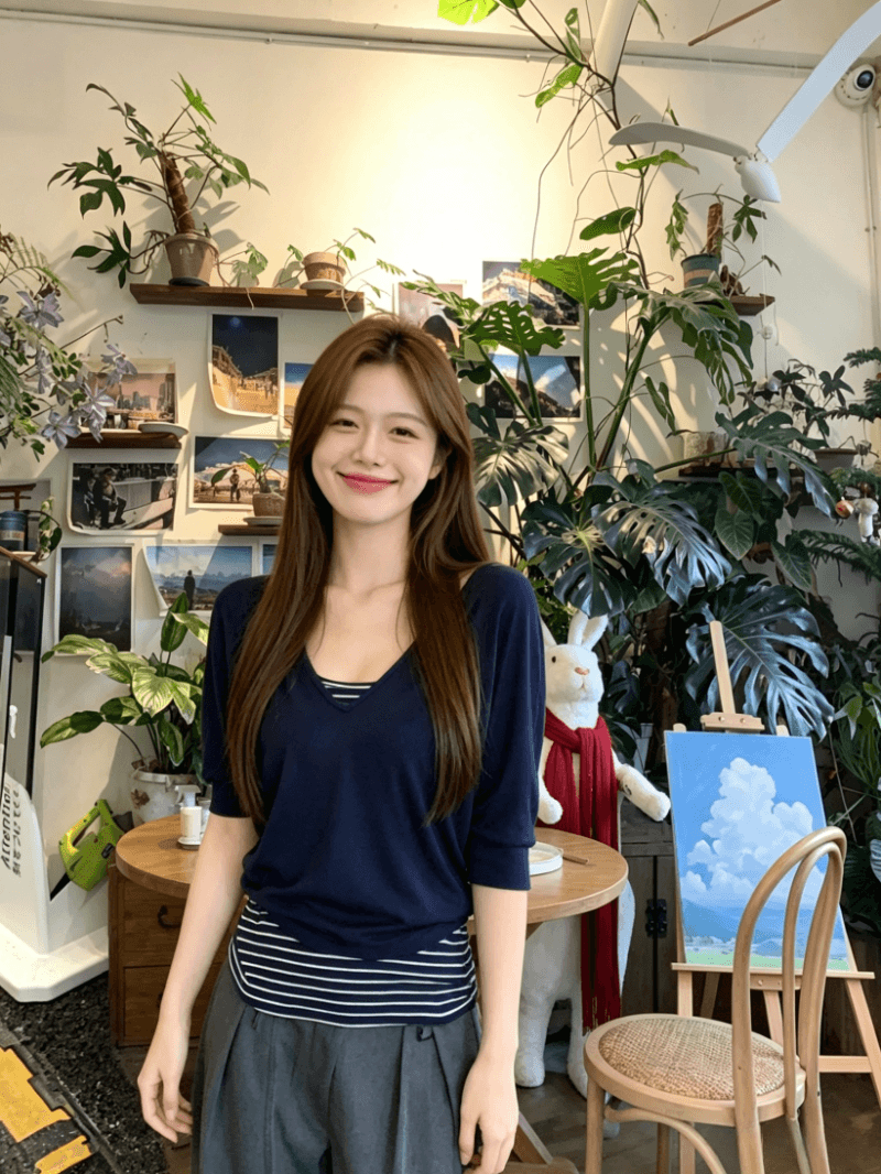 사람들 면 260 그램 화이트 V넥 티셔츠 여름 루즈핏 캐주얼 블라우스 중간 소매 맨위 투피스 세트 상세 이미지 6