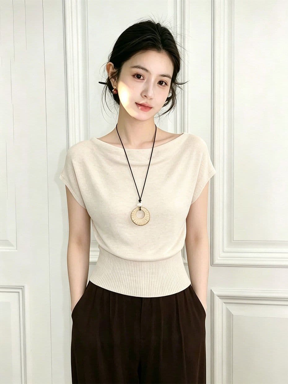 프랑스식 고유 한 아름다운 오프숄더 허리 수축 배트윙 소매 티셔츠 여성 여름 사소한 프로 피부 통기성 고급 센스 맨위 이미지 2