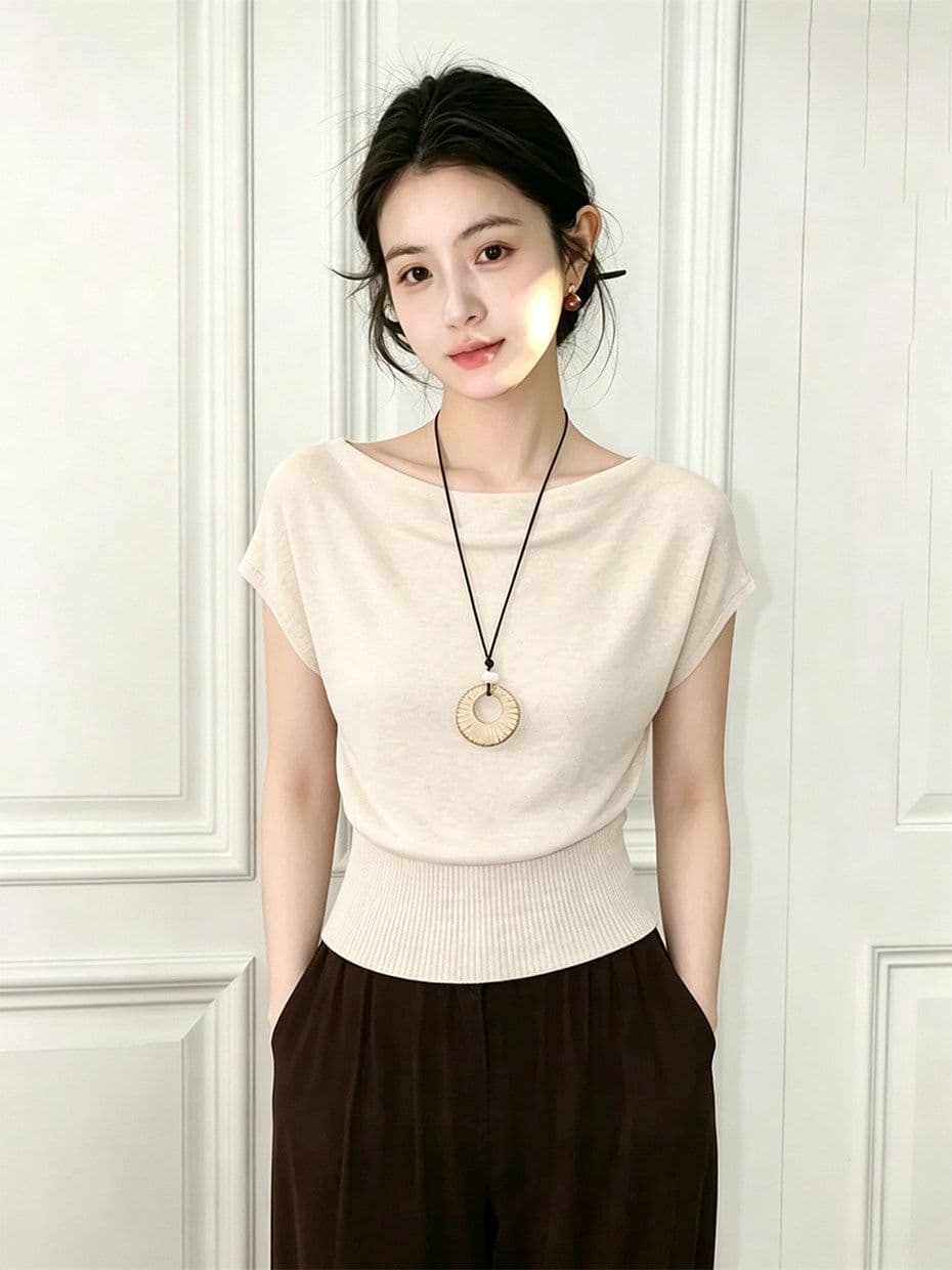 프랑스식 고유 한 아름다운 오프숄더 허리 수축 배트윙 소매 티셔츠 여성 여름 사소한 프로 피부 통기성 고급 센스 맨위 상세 이미지 2