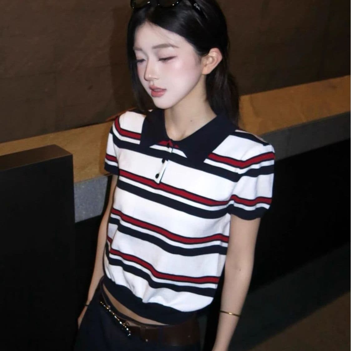 학원 스타일 배색 스트라이프 POLO 칼라 니트 반팔 여성 여름 몸매 가꾸기 miu 부서 자이언트 잘 생긴 ~ 중 쇼트 스타일 맨위