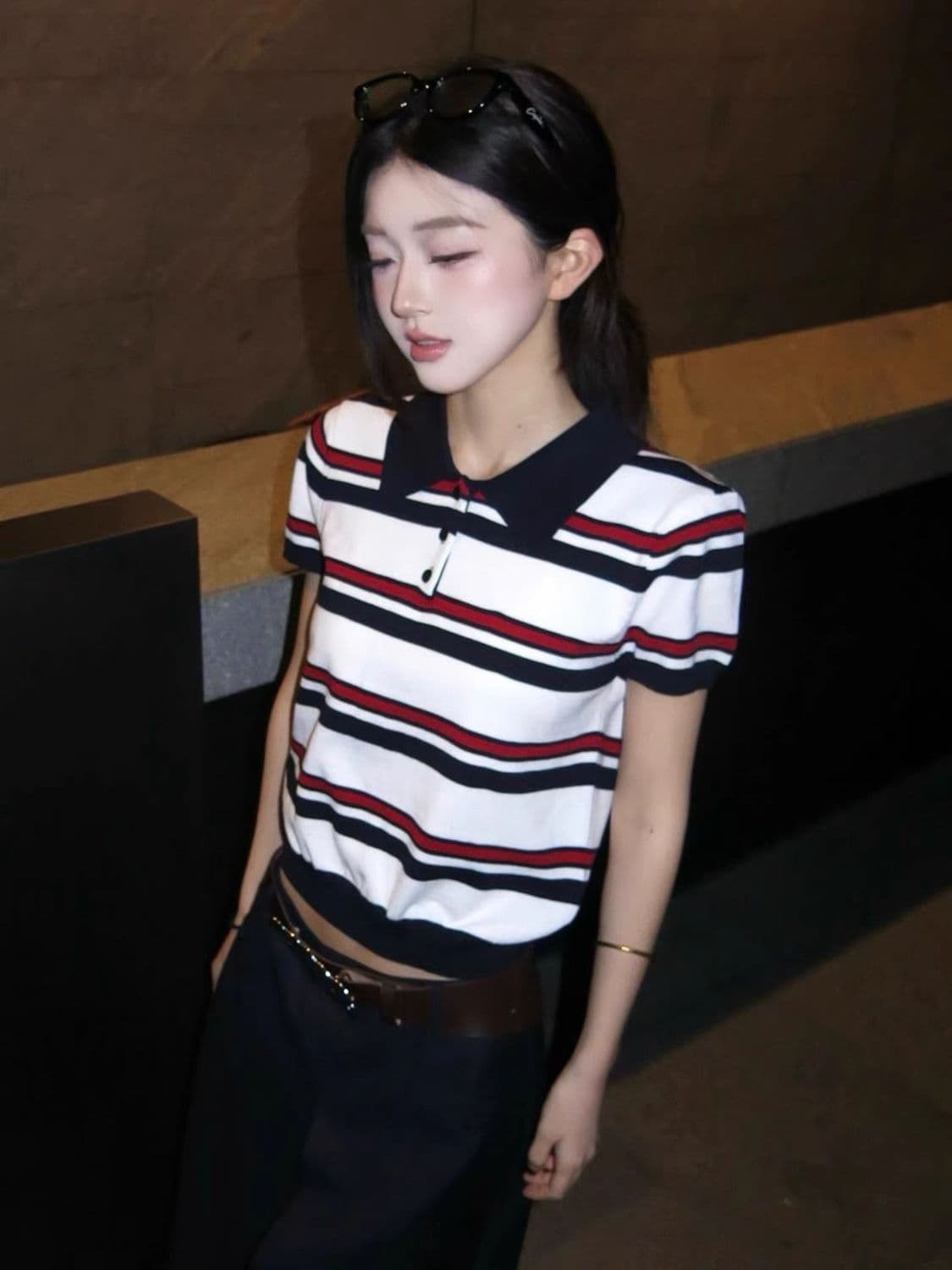 학원 스타일 배색 스트라이프 POLO 칼라 니트 반팔 여성 여름 몸매 가꾸기 miu 부서 자이언트 잘 생긴 ~ 중 쇼트 스타일 맨위 상세 이미지 2