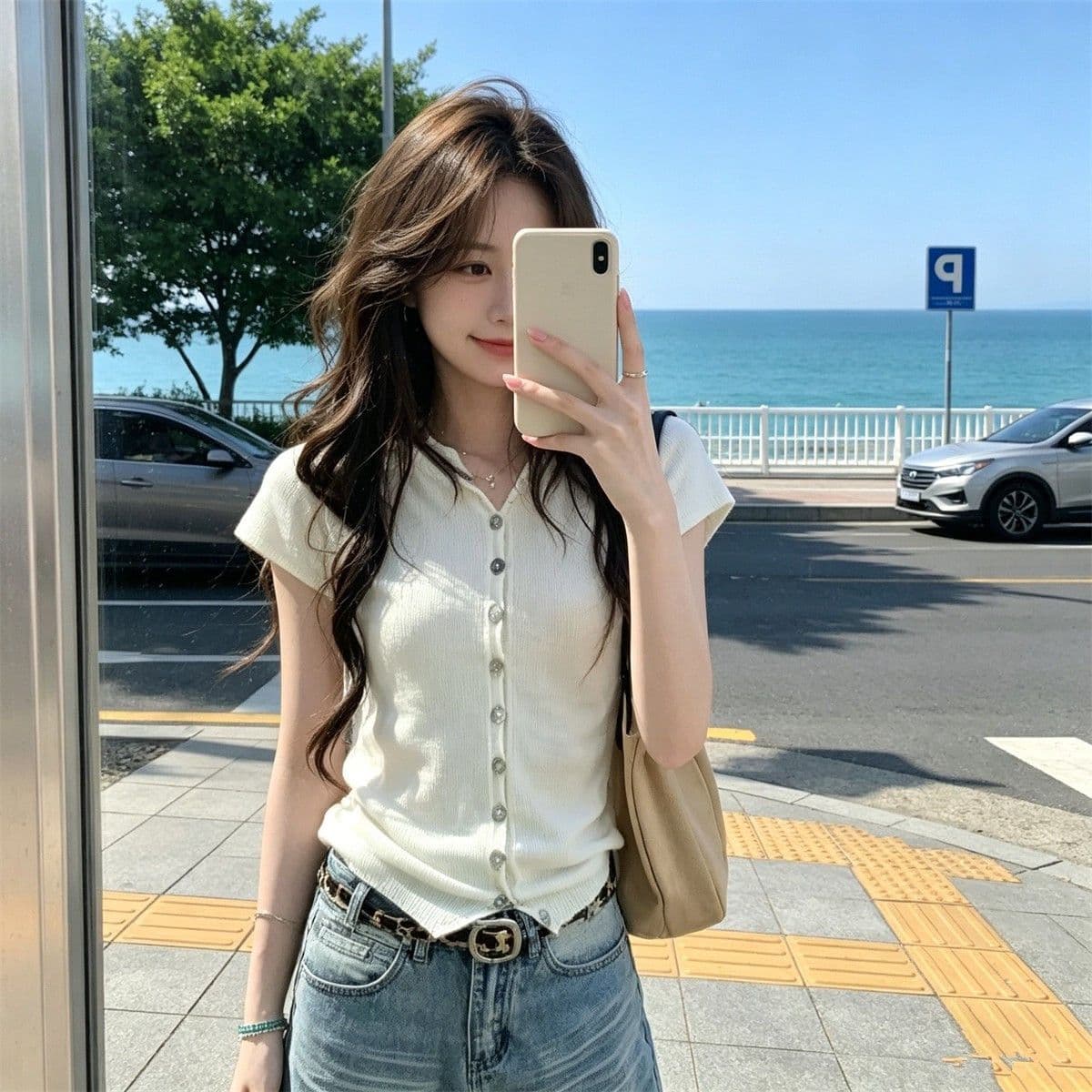 2026 여름 새로운 한 부서 순수한 욕망 바람 라운드 넥 화이트 반팔 니트 스웨터 여성 디자인 센스 몸매 가꾸기 다용도 맨위