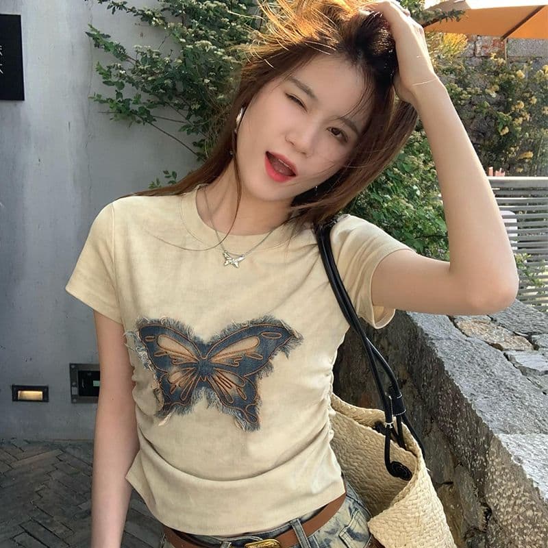 홀치기 염색 나비 매듭 긍정적 인 어깨 반팔 티셔츠 여성 여름 여름 디자인 센스 작은 대중 꼬집기 허리 몸매 가꾸기 동정 쇼트 스타일 맨위 상세 이미지 5
