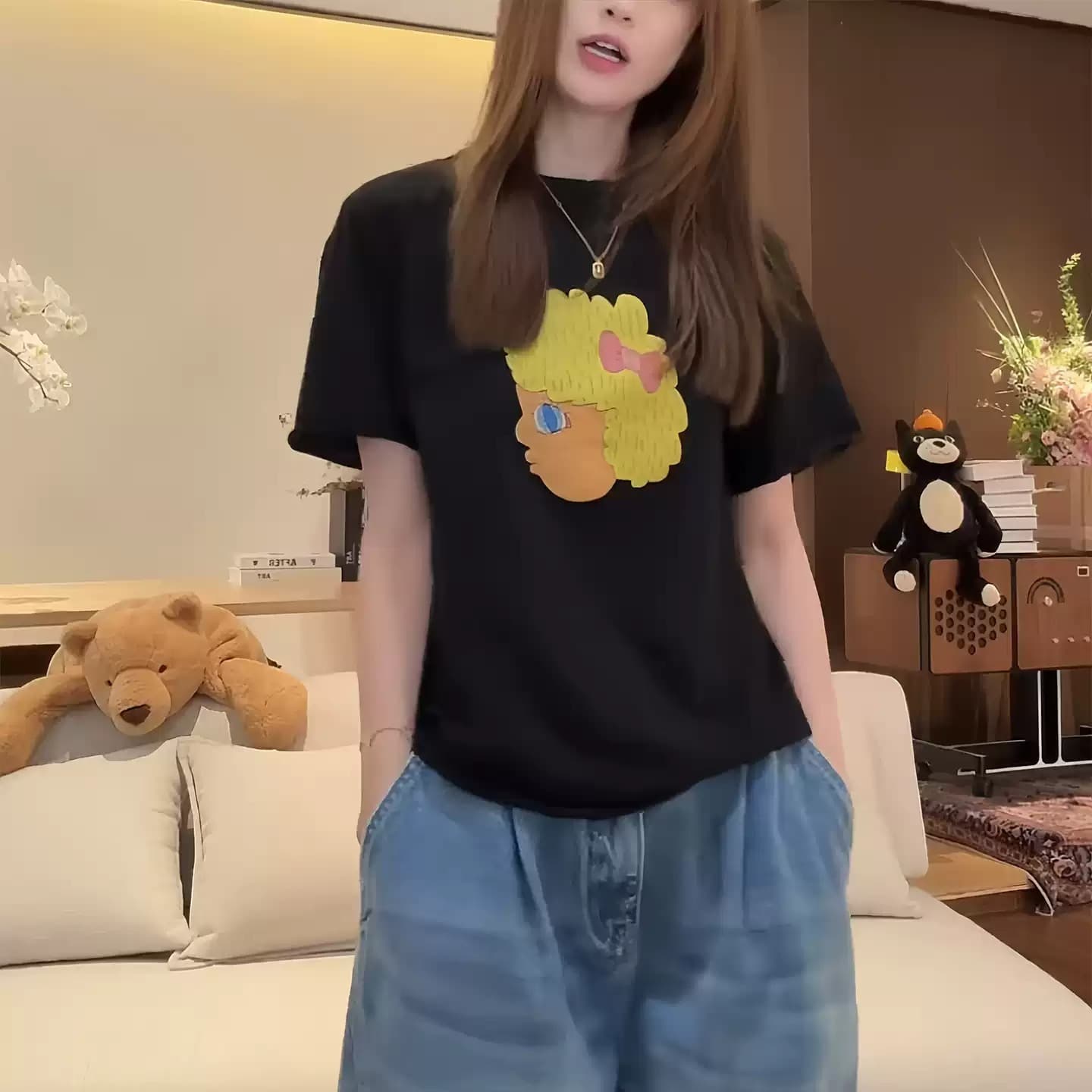 경관 그림 21 순면 210 그램 이후 패키지 칼라 여름 드레스 한 부서 반팔 티셔츠 여성 한국 스타일 루즈핏 빅 사이즈 프린트 이미지 3