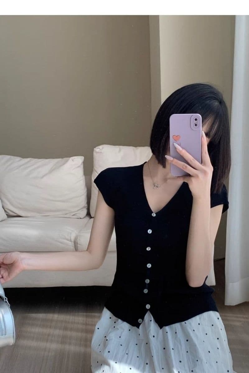 파란색 쇼트 스타일 작은 날다 소매 쇼트 스타일 V넥 다용도 출퇴근 맨위 여성 작은 키 고유 한 Chic 슬림해 보이는 니트 스웨터