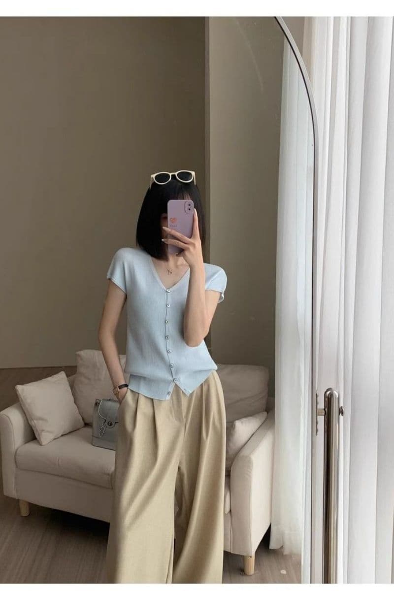 파란색 쇼트 스타일 작은 날다 소매 쇼트 스타일 V넥 다용도 출퇴근 맨위 여성 작은 키 고유 한 Chic 슬림해 보이는 니트 스웨터 이미지 4