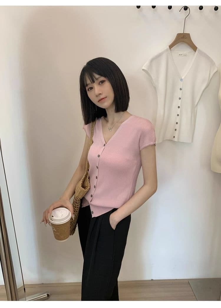 파란색 쇼트 스타일 작은 날다 소매 쇼트 스타일 V넥 다용도 출퇴근 맨위 여성 작은 키 고유 한 Chic 슬림해 보이는 니트 스웨터 상세 이미지 2