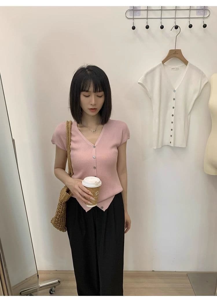 파란색 쇼트 스타일 작은 날다 소매 쇼트 스타일 V넥 다용도 출퇴근 맨위 여성 작은 키 고유 한 Chic 슬림해 보이는 니트 스웨터 상세 이미지 3