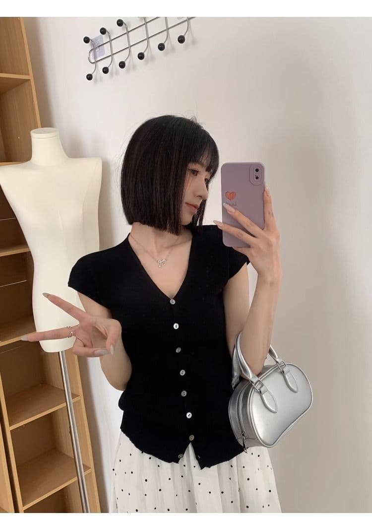 파란색 쇼트 스타일 작은 날다 소매 쇼트 스타일 V넥 다용도 출퇴근 맨위 여성 작은 키 고유 한 Chic 슬림해 보이는 니트 스웨터 상세 이미지 7