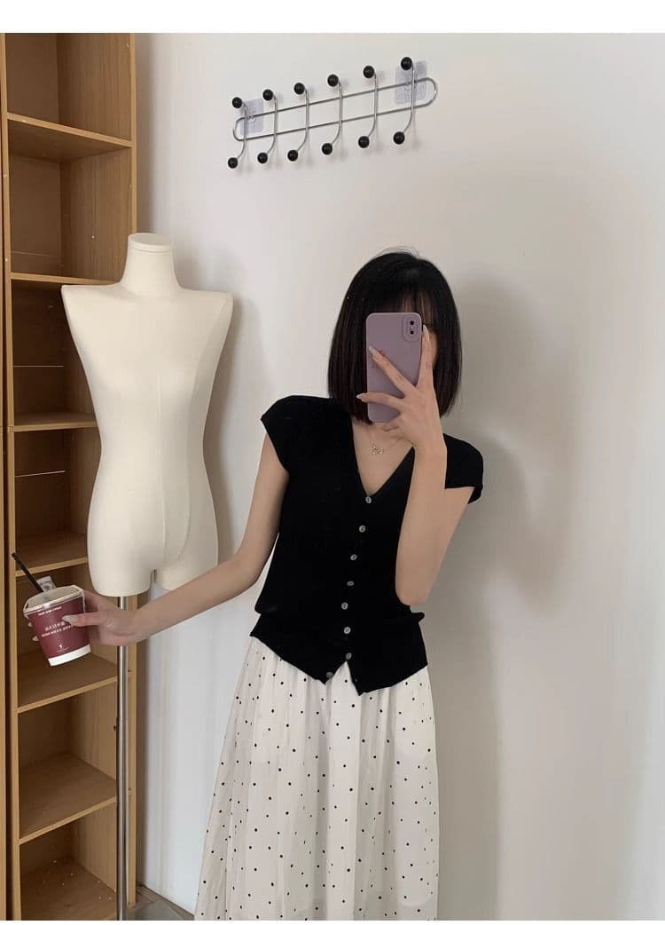 파란색 쇼트 스타일 작은 날다 소매 쇼트 스타일 V넥 다용도 출퇴근 맨위 여성 작은 키 고유 한 Chic 슬림해 보이는 니트 스웨터 상세 이미지 8