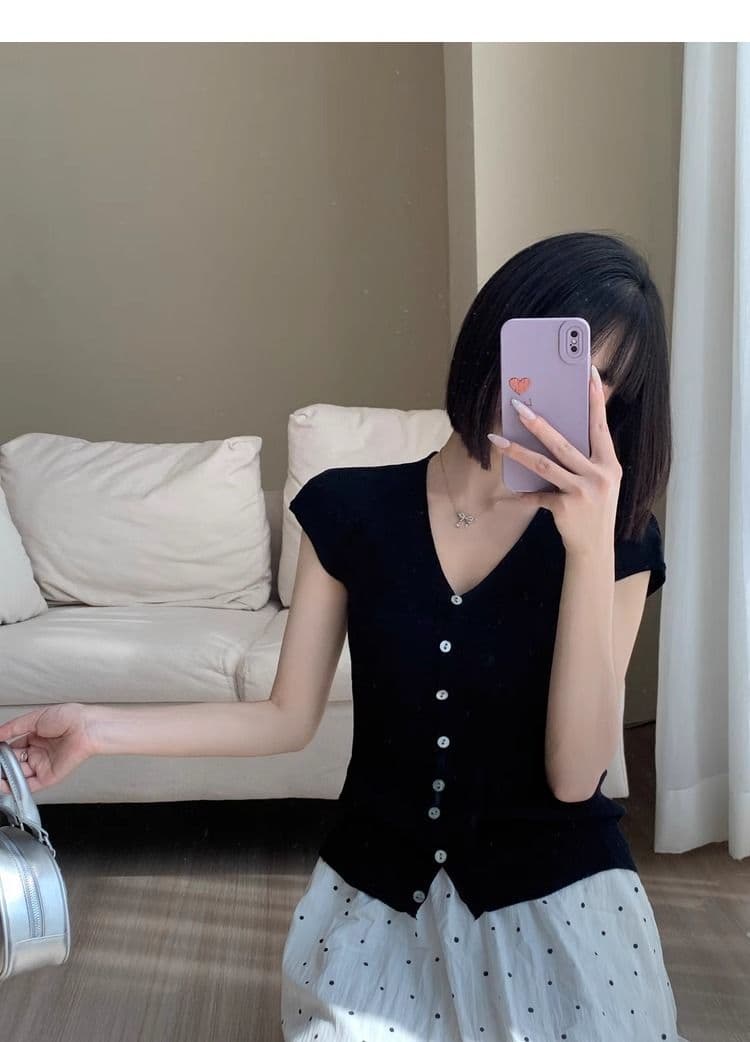 파란색 쇼트 스타일 작은 날다 소매 쇼트 스타일 V넥 다용도 출퇴근 맨위 여성 작은 키 고유 한 Chic 슬림해 보이는 니트 스웨터 상세 이미지 10