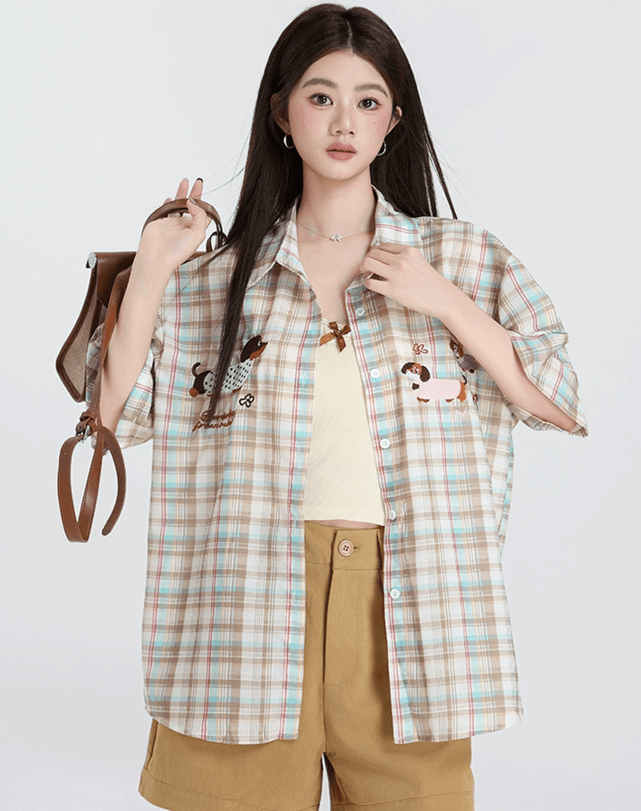 아메리칸 재미있는 강아지 수건 자수 체크무늬 반팔 여성 셔츠 여름 루즈핏 캐주얼 셔츠 고유 한 맨위 상세 이미지 9