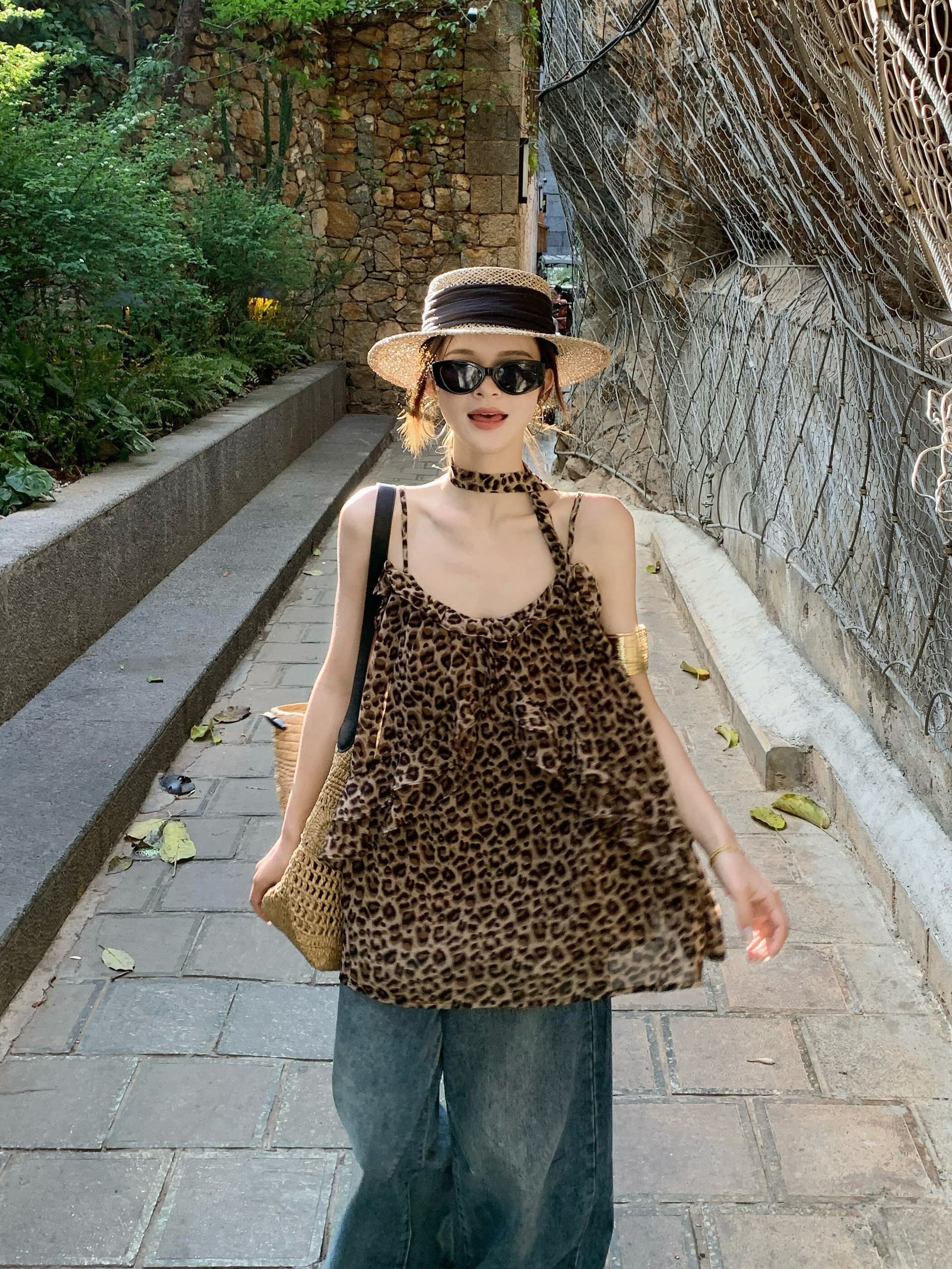 원본 양면 레오파드 무늬 원단 안감 아메리칸 핫걸 바람 레오파드 무늬 슬립 여성 리본 조끼 상세 이미지 13