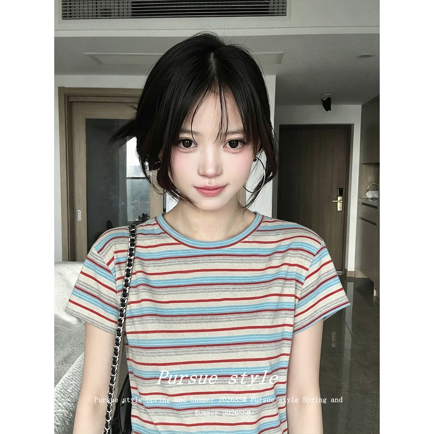 반팔 티셔츠 여성 의류 여름 새로운 트렌디 한 부서 디자인 센스 배색 레트로 스트라이프 라운드 넥 맨위 상세 이미지 4
