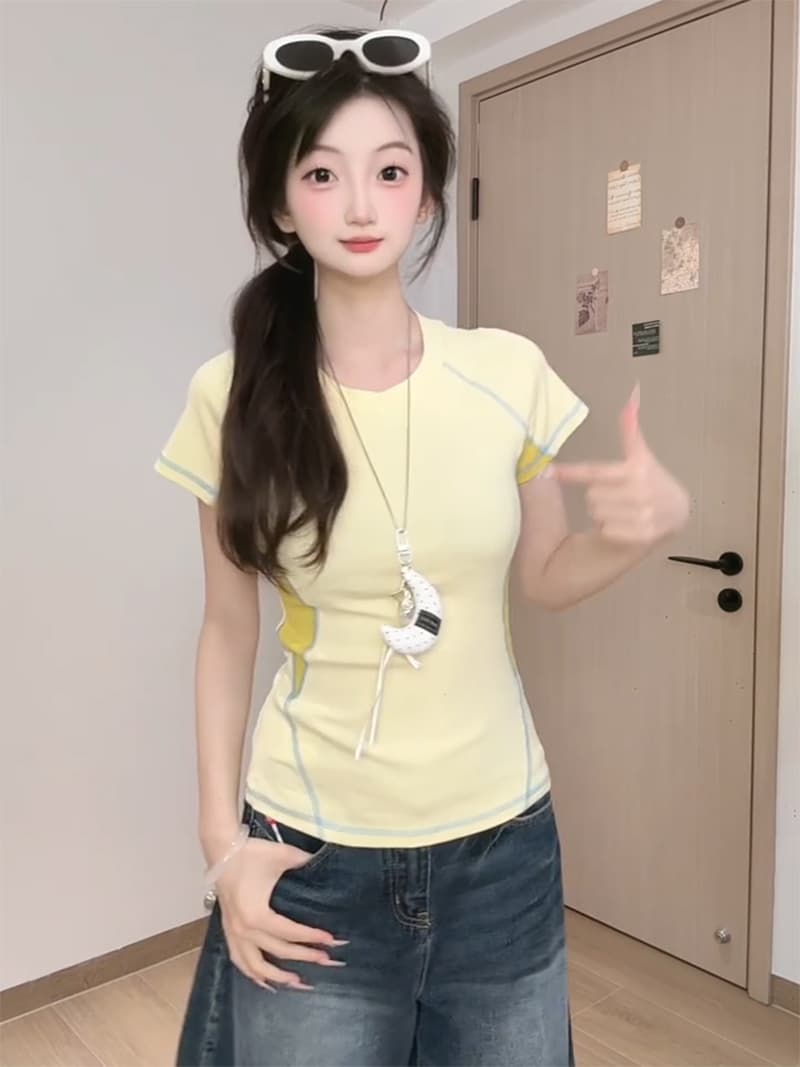 조수 브랜드 반팔 티셔츠 여성 의류 여름 삽입 색상 명시적 스티치 장식 라운드 넥 맨위 이미지 3